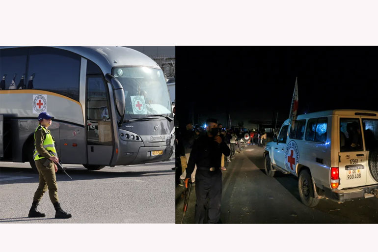 International Red Cross vehicles reportedly carrying Israeli hostages released by Hamas cross the Rafah border point