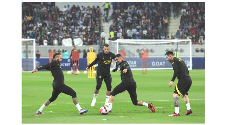 Lionel Messi with Kylian Mbappe, Achraf Hakimi and Neymar Jnr delight the fans during a workout session at the Khalifa International Stadium in Doha on Wednesday