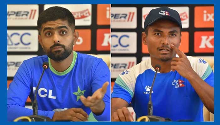 Captains of Pakistan and Nepal cricket team Babar Azam and Rohit Kumar Paudel speak during a press conference on the eve of their Asia Cup cricket